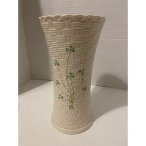 Belleek Ireland Shamrock Basketweave Vase Parian China Scalloped Rim 10 inches